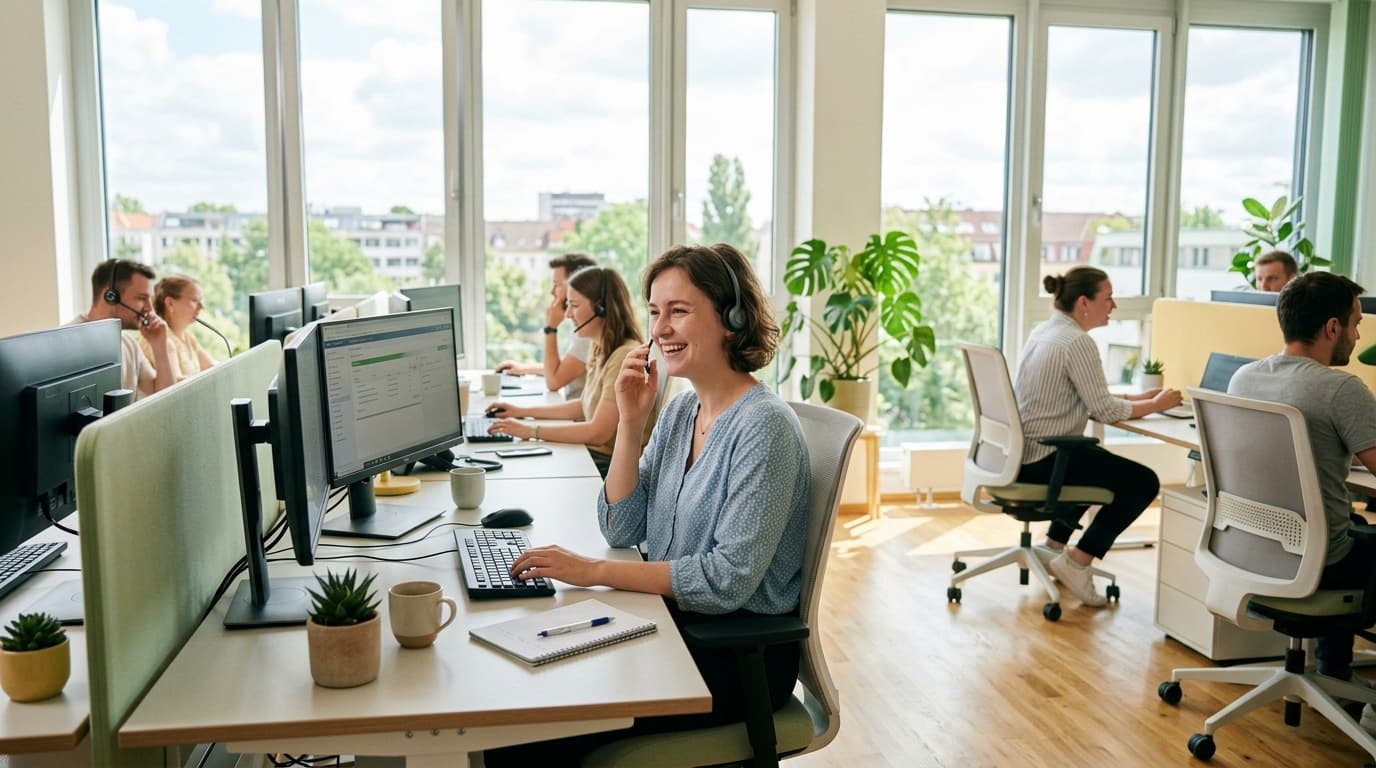 Kundenberater mit Headset im Gespräch an einem modernen Service-Arbeitsplatz