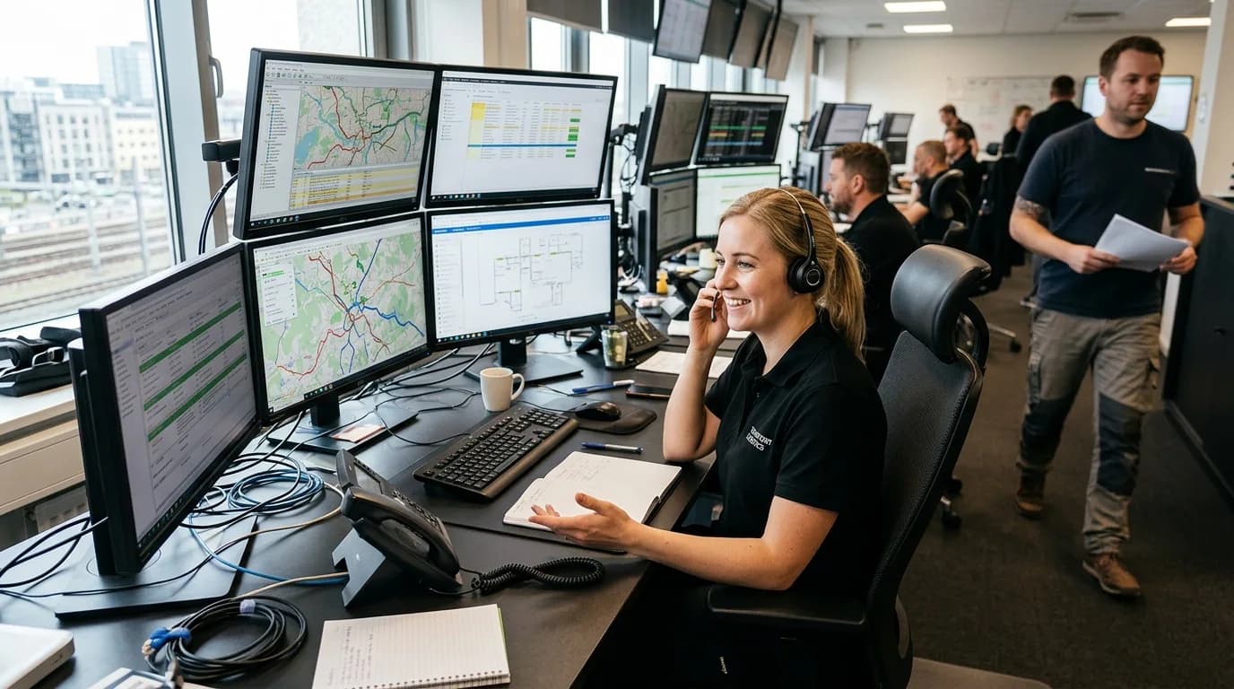 Disponent vor mehreren Bildschirmen mit Tourenplänen in der Leitstelle einer Spedition