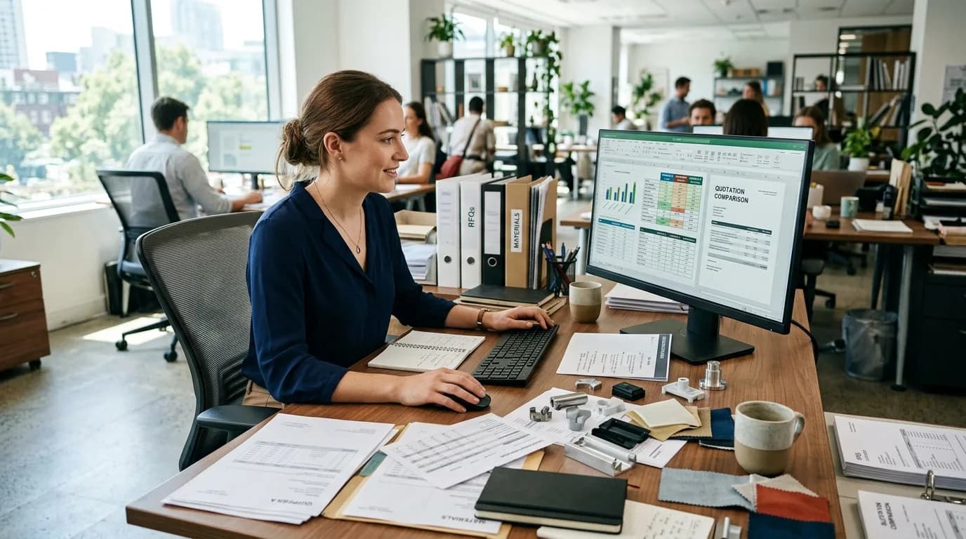 Einkäufer vergleicht Lieferantenangebote am Bildschirm in einem Büro mit Materialmustern auf dem Tisch