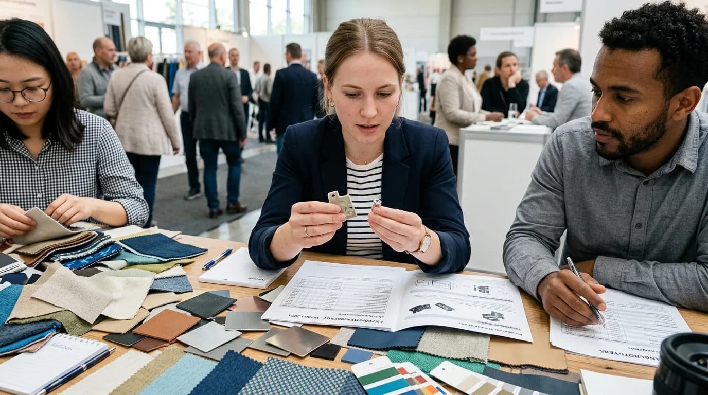 Einkäufer vergleicht Lieferantenangebote am Bildschirm in einem Büro mit Materialmustern auf dem Tisch