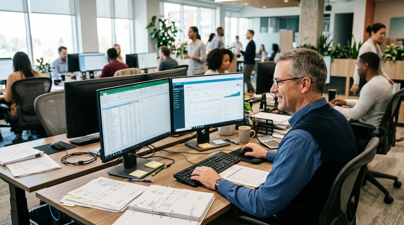 Finanzbuchhalter bucht Eingangsrechnungen an einem Arbeitsplatz mit zwei Bildschirmen in einem Großraumbüro