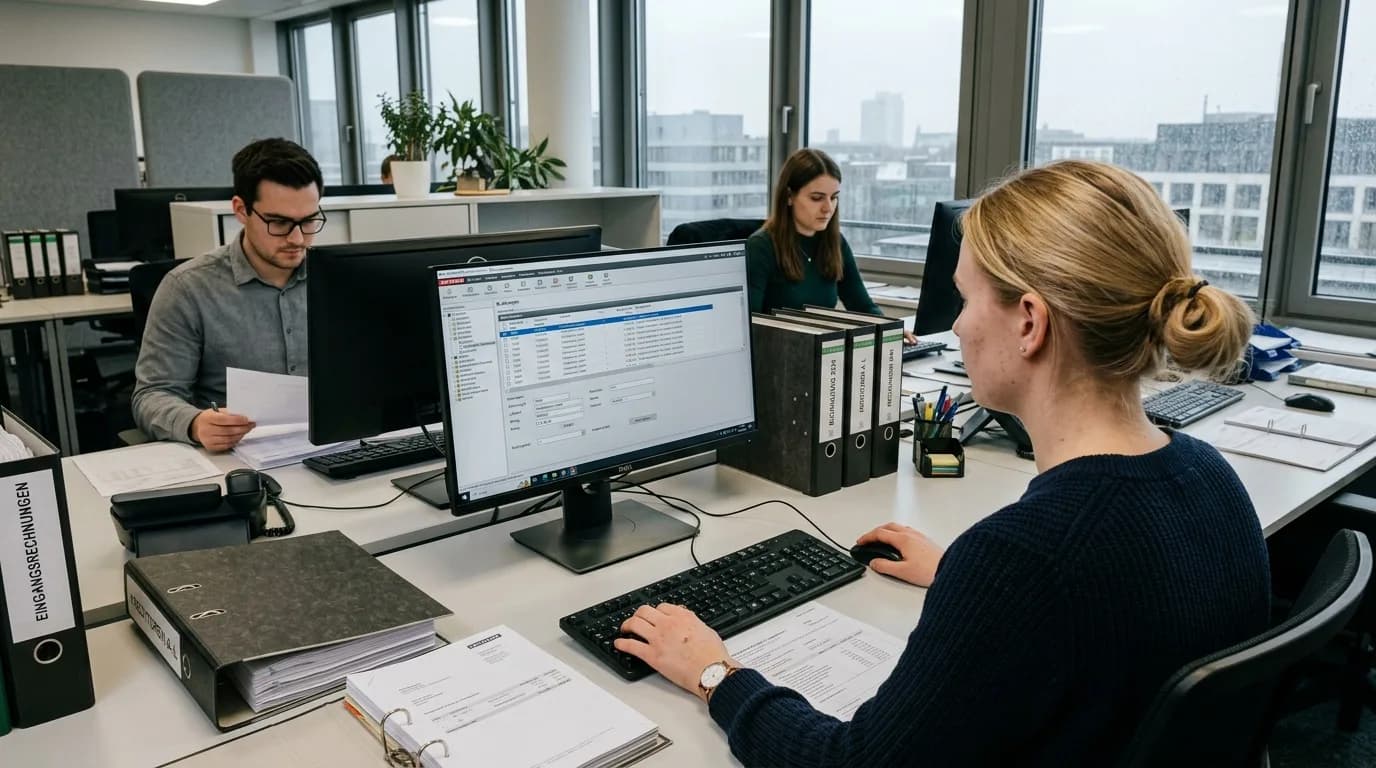 Finanzbuchhalter bucht Eingangsrechnungen an einem Arbeitsplatz mit zwei Bildschirmen in einem Großraumbüro