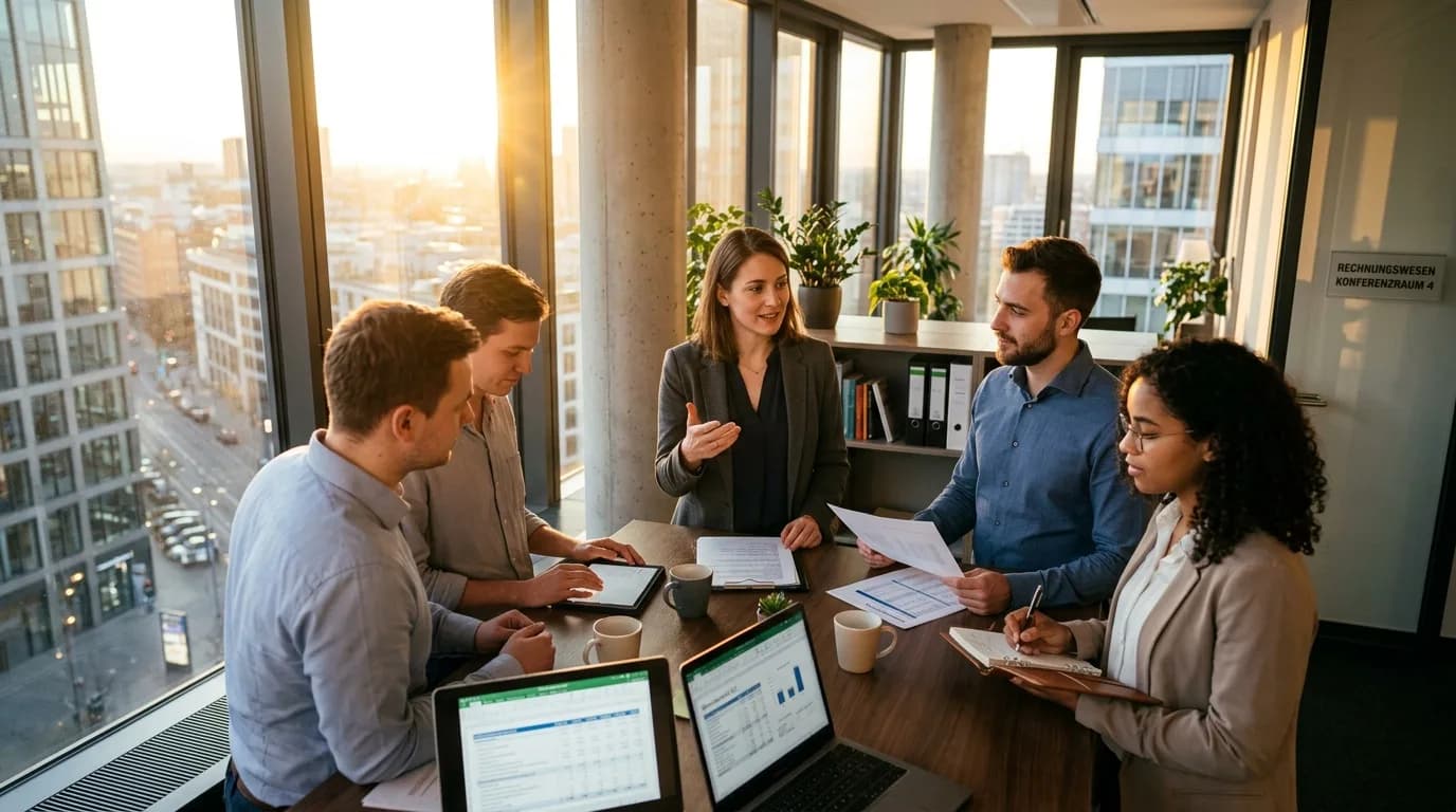 Leiter Rechnungswesen bespricht mit seinem Team die Abschlussplanung an einem Tisch mit ausgedruckten Auswertungen