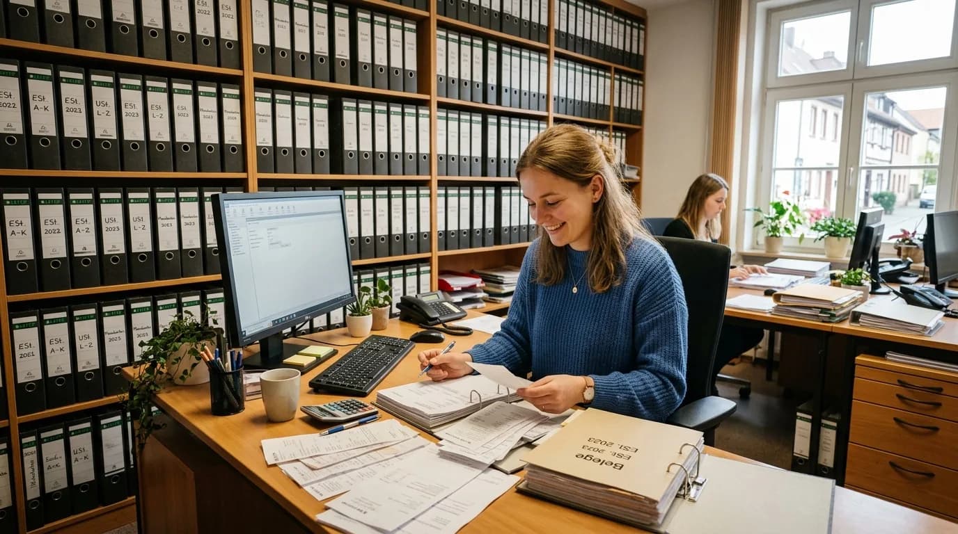 Steuerfachangestellte prüft Mandantenbelege am Schreibtisch einer Steuerkanzlei mit aufgeschlagenen Aktenordnern