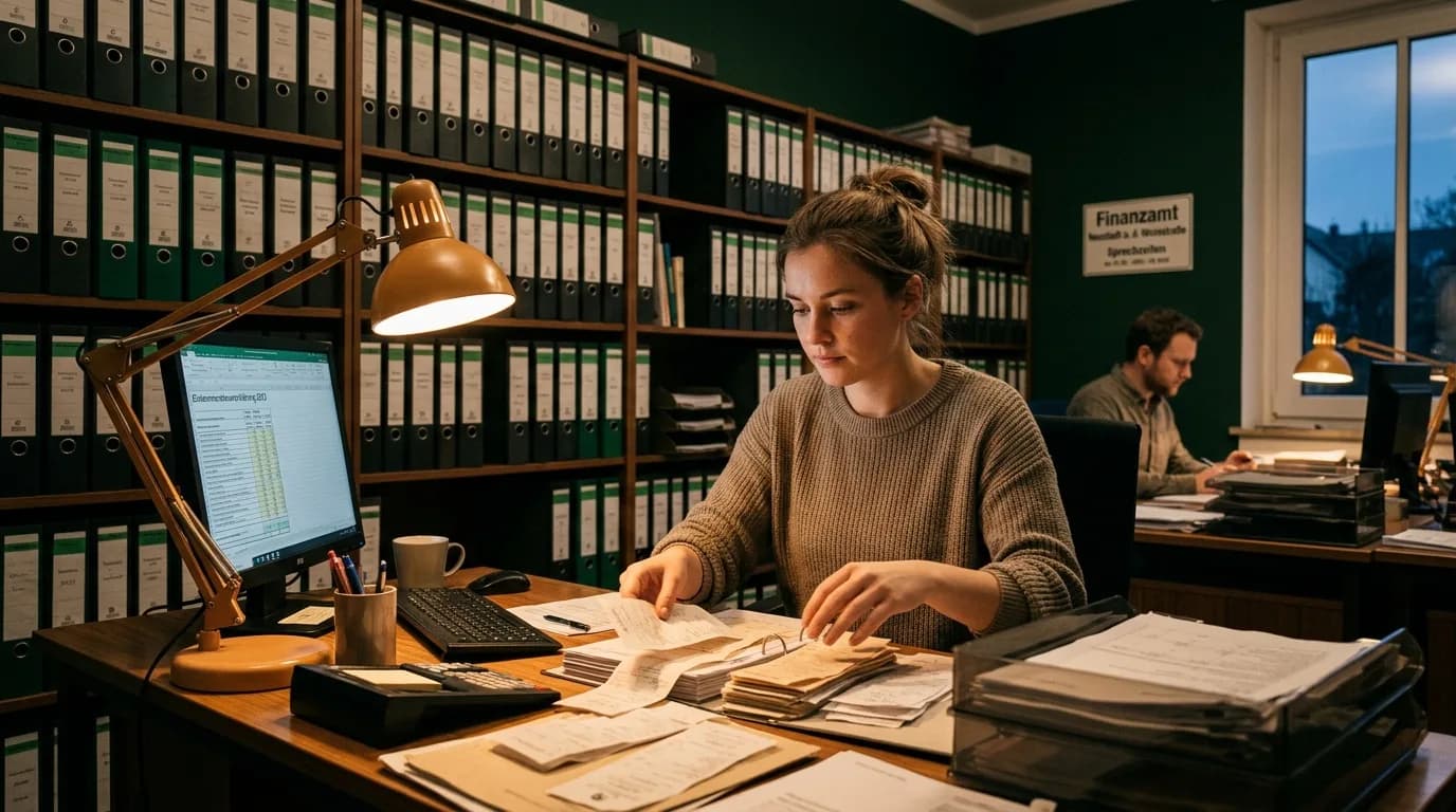 Steuerfachangestellte prüft Mandantenbelege am Schreibtisch einer Steuerkanzlei mit aufgeschlagenen Aktenordnern