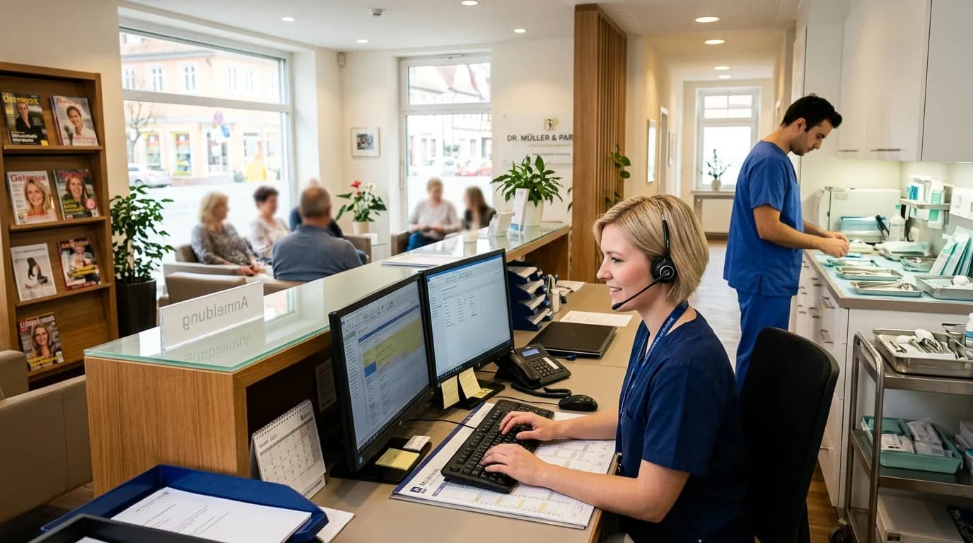 Medizinische Fachangestellte am Empfangstresen einer Arztpraxis bei der Terminvergabe