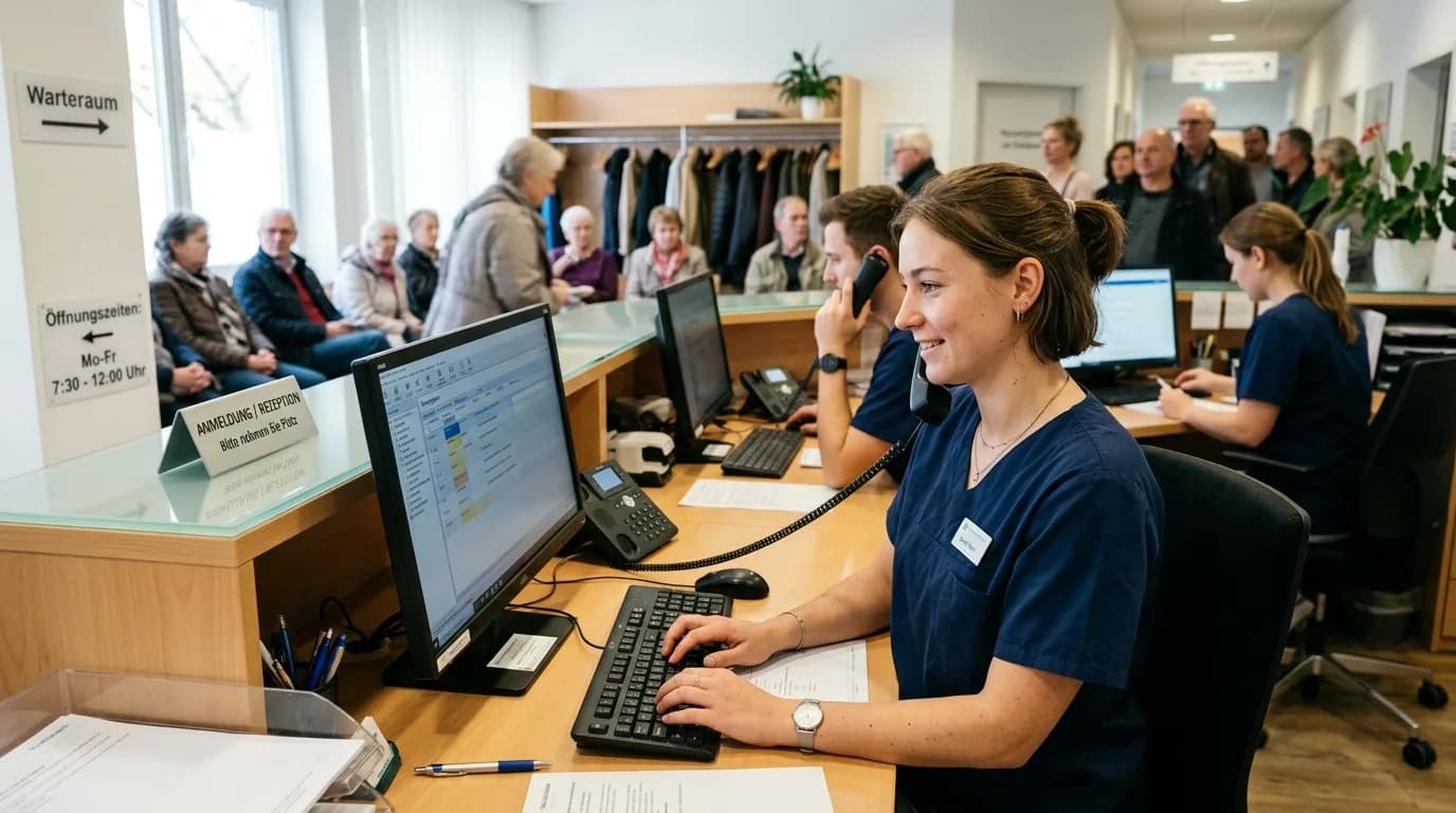 Medizinische Fachangestellte am Empfangstresen einer Arztpraxis bei der Terminvergabe
