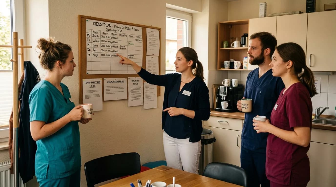 Praxismanager bespricht den Dienstplan mit dem Team im Besprechungsraum einer Arztpraxis