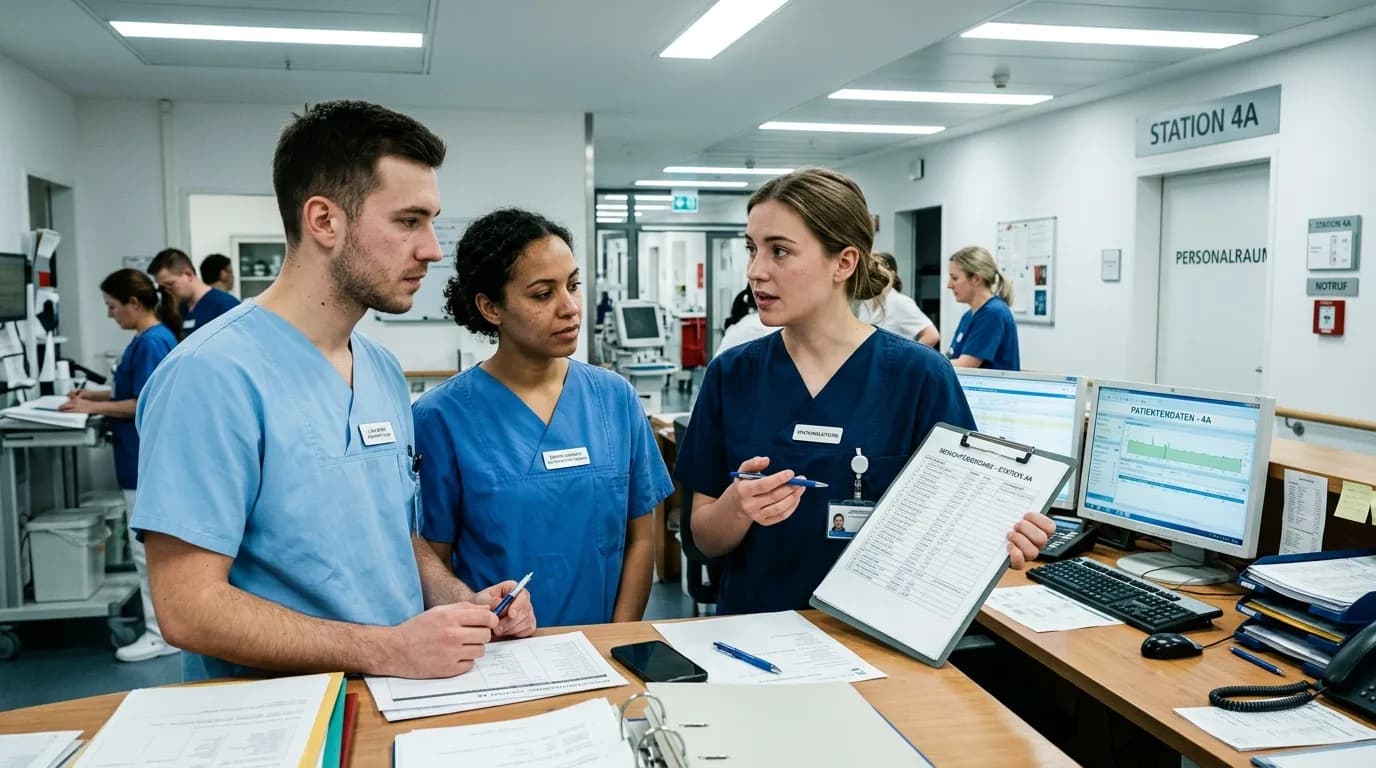 Stationsleitung bespricht mit dem Pflegeteam die Schichtübergabe am Stationsstützpunkt