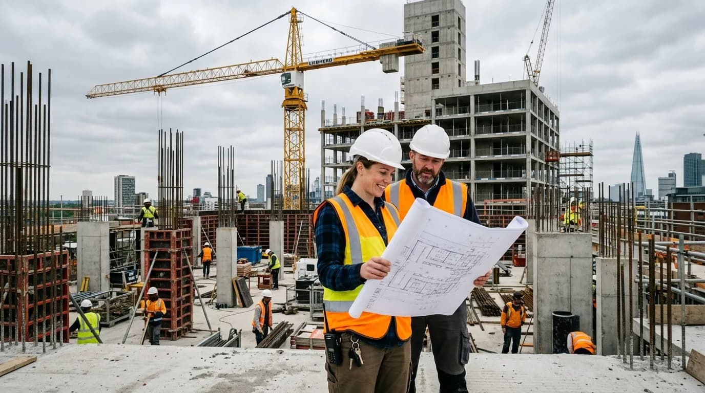 Bauingenieurin prüft mit Bauplänen in der Hand den Fortschritt auf einer Rohbau-Baustelle