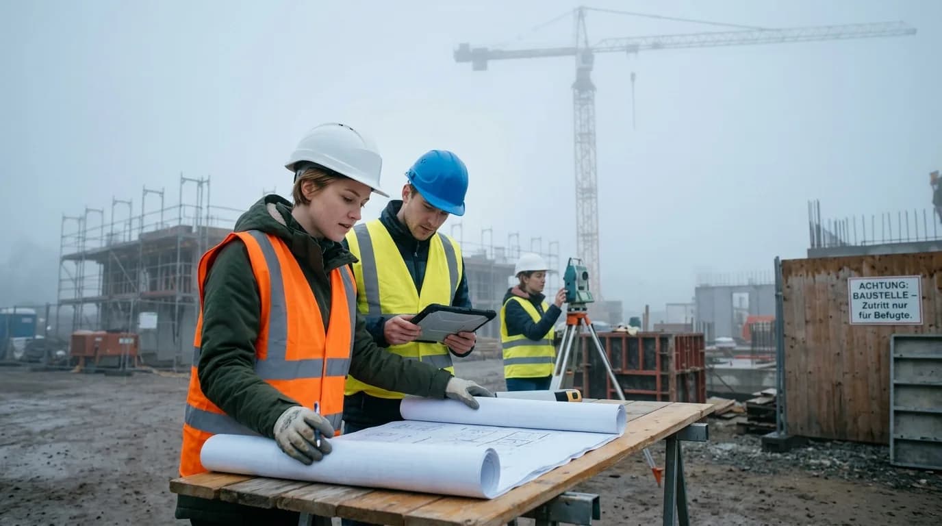 Bauingenieurin prüft mit Bauplänen in der Hand den Fortschritt auf einer Rohbau-Baustelle