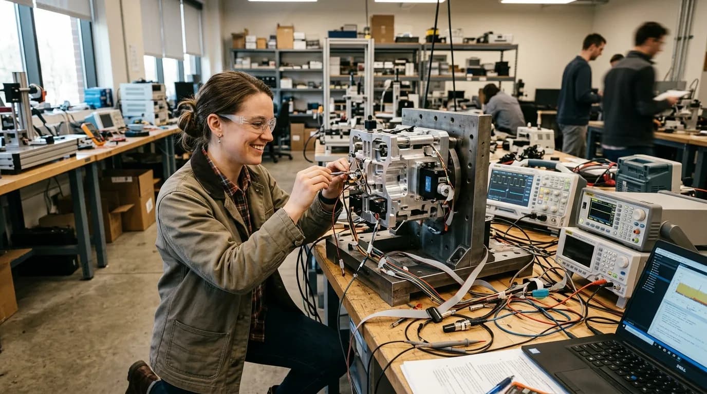 Entwicklungsingenieurin testet einen Prototyp an einem Prüfstand im Entwicklungslabor