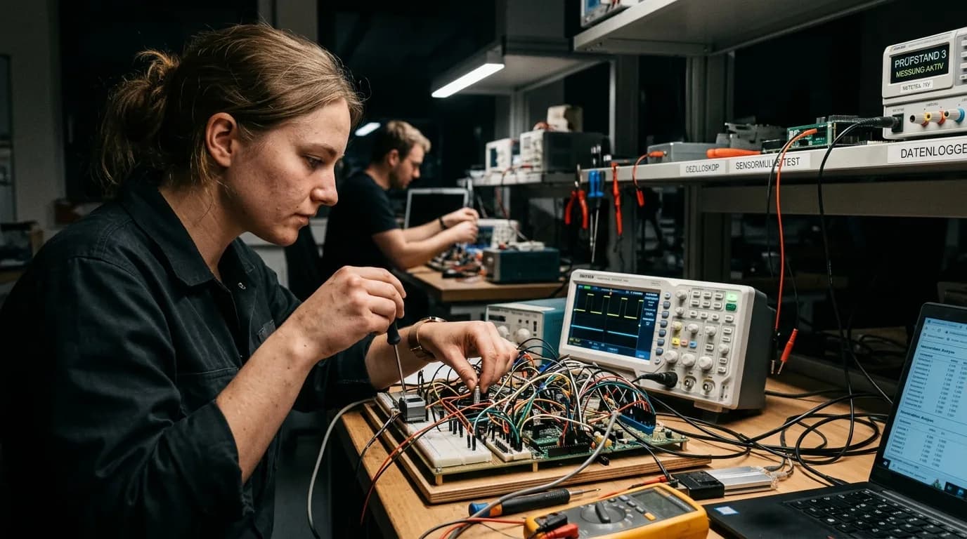 Entwicklungsingenieurin testet einen Prototyp an einem Prüfstand im Entwicklungslabor