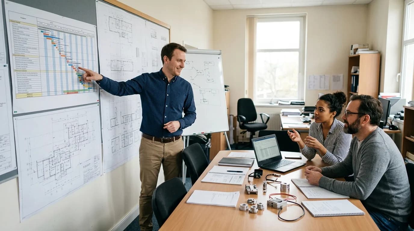Projektingenieur bespricht mit zwei Kollegen einen Terminplan an einer Wand mit technischen Zeichnungen