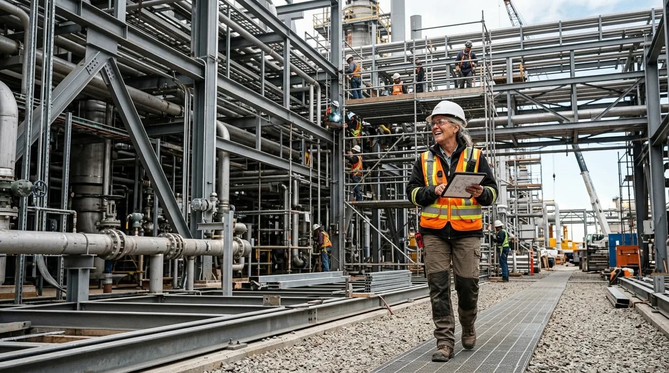 Projektleiter mit Helm und Warnweste begeht eine Industrieanlage und prüft den Montagefortschritt