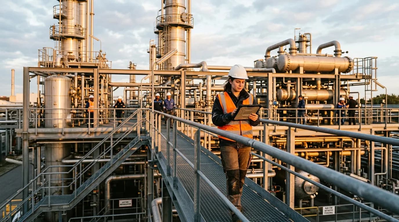 Projektleiter mit Helm und Warnweste begeht eine Industrieanlage und prüft den Montagefortschritt