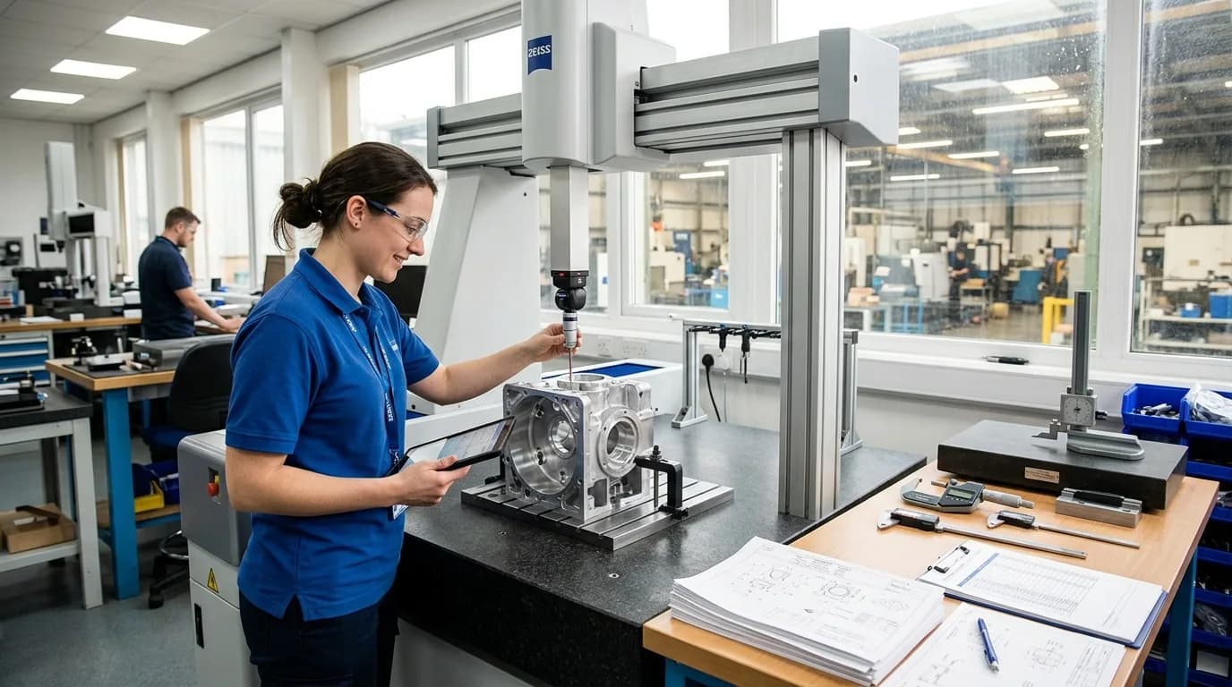 Qualitätsingenieur vermisst ein Metallbauteil an einer Koordinatenmessmaschine in der Fertigung