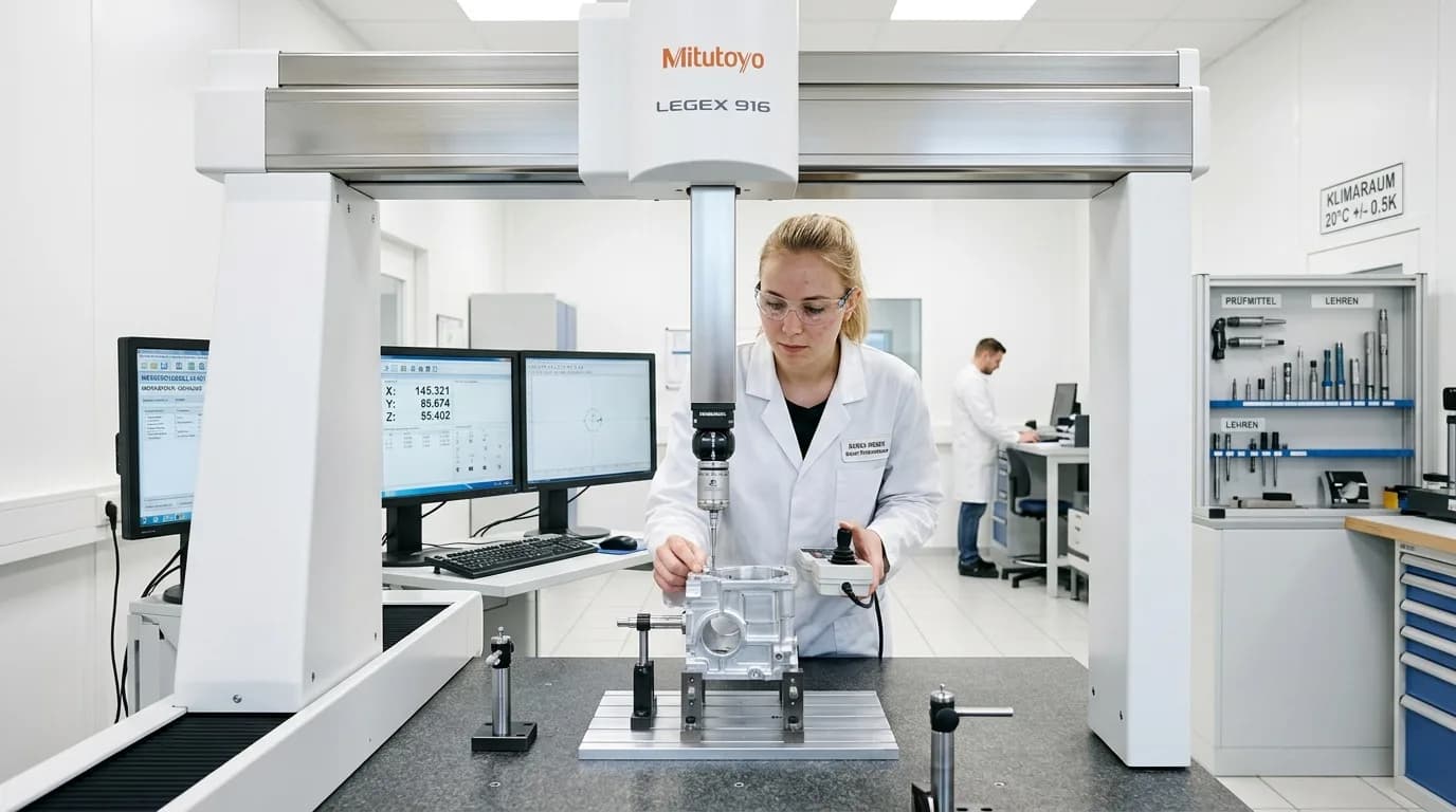 Qualitätsingenieur vermisst ein Metallbauteil an einer Koordinatenmessmaschine in der Fertigung