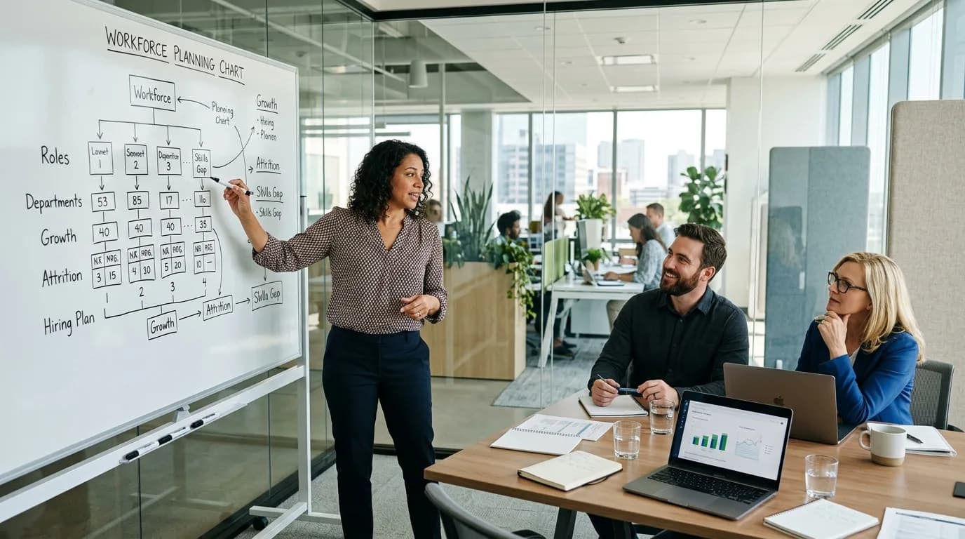 HR Business Partner bespricht mit zwei Führungskräften eine Personalplanung an einem Whiteboard