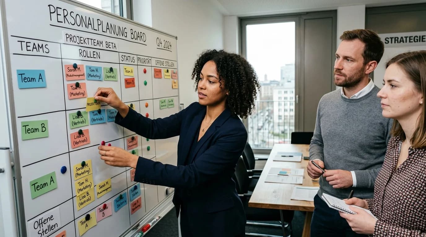 HR Business Partner bespricht mit zwei Führungskräften eine Personalplanung an einem Whiteboard