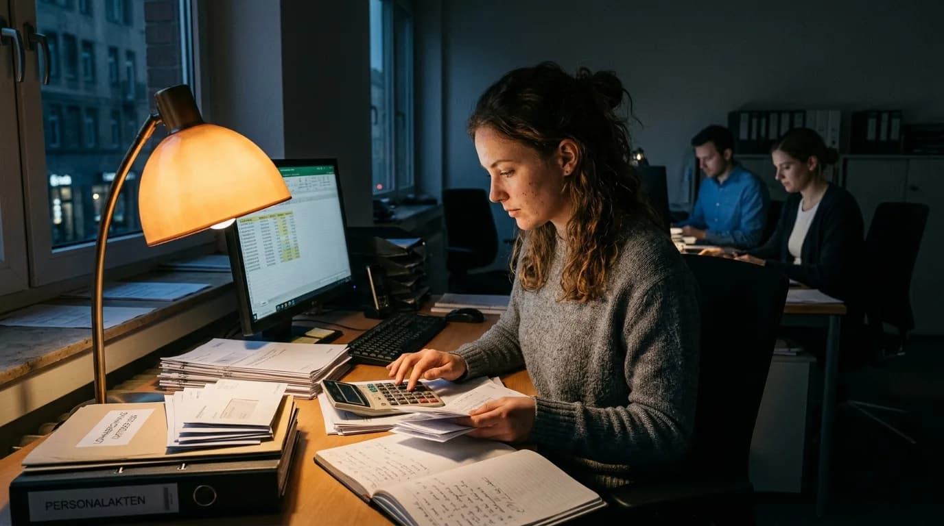 Entgeltabrechner arbeitet konzentriert an einer Gehaltsabrechnung mit Abrechnungssoftware und Belegen
