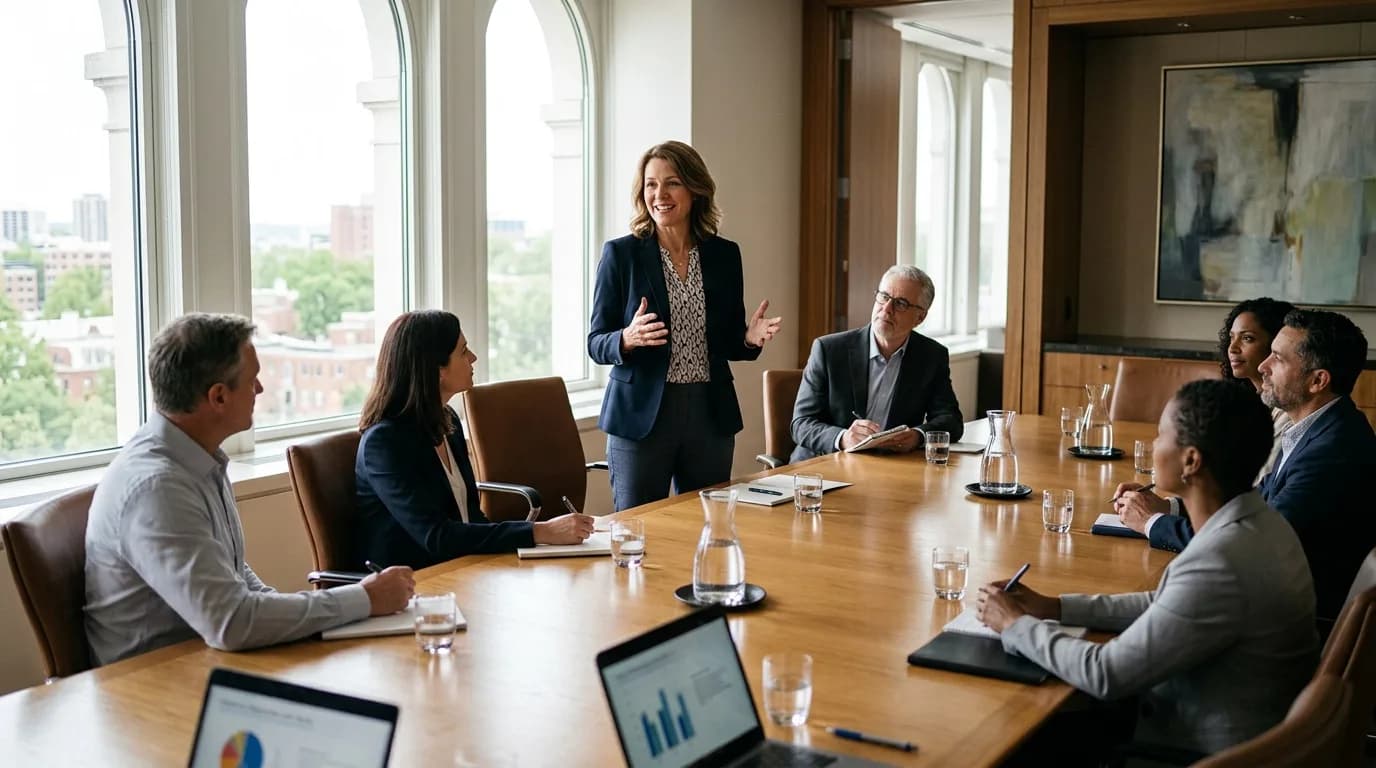 Personalleiterin stellt der Geschäftsführung eine Personalstrategie in einem Konferenzraum vor