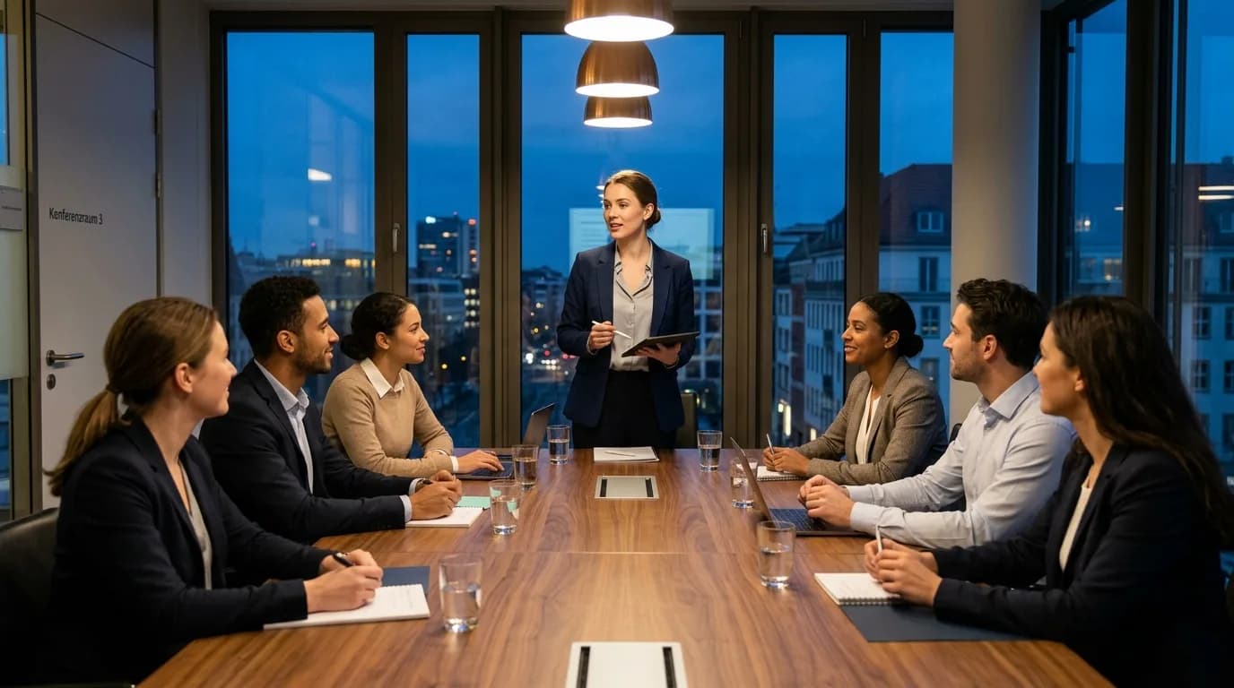 Personalleiterin stellt der Geschäftsführung eine Personalstrategie in einem Konferenzraum vor