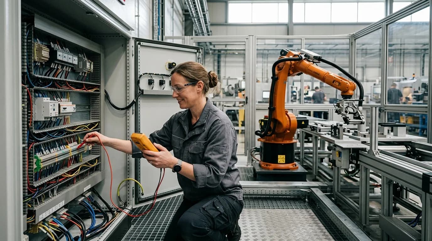 Mechatroniker prüft die Verdrahtung eines Schaltschranks an einer automatisierten Anlage