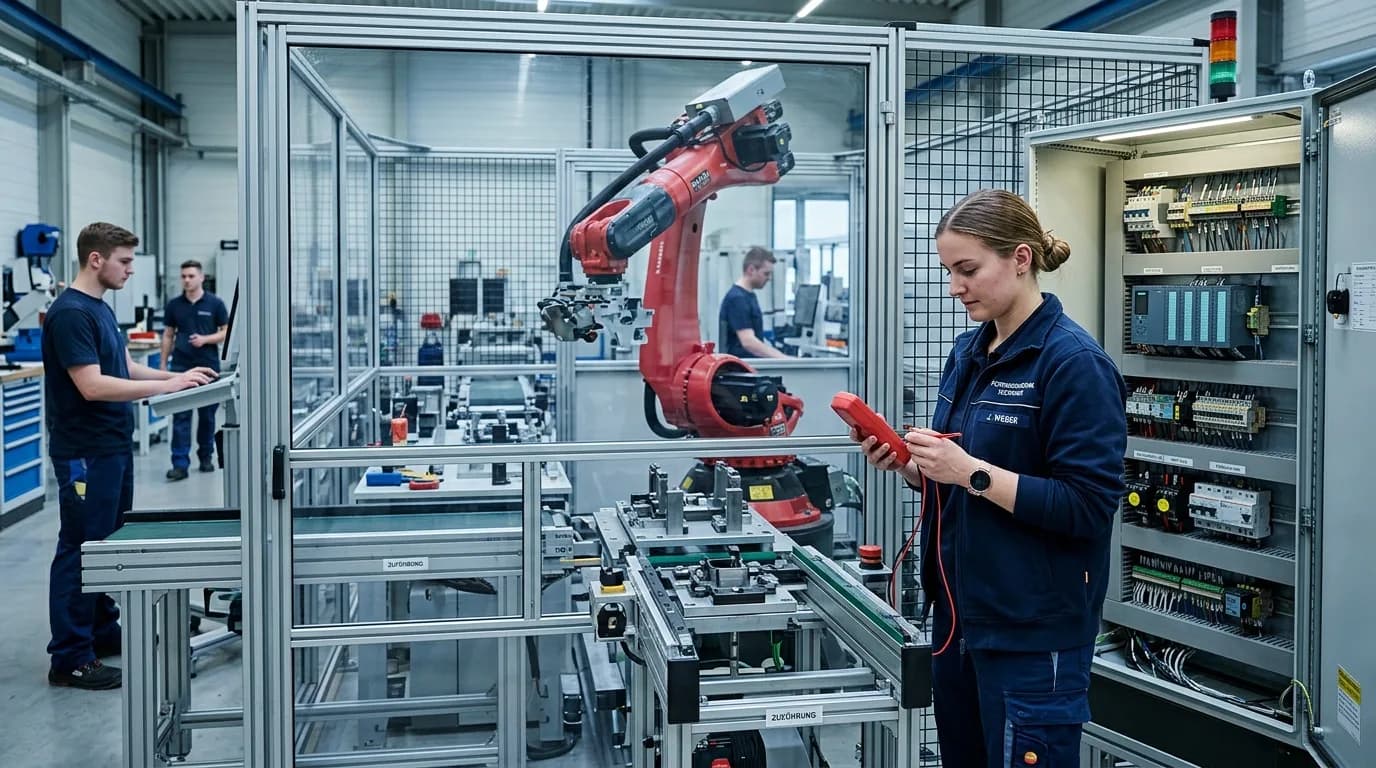 Mechatroniker prüft die Verdrahtung eines Schaltschranks an einer automatisierten Anlage