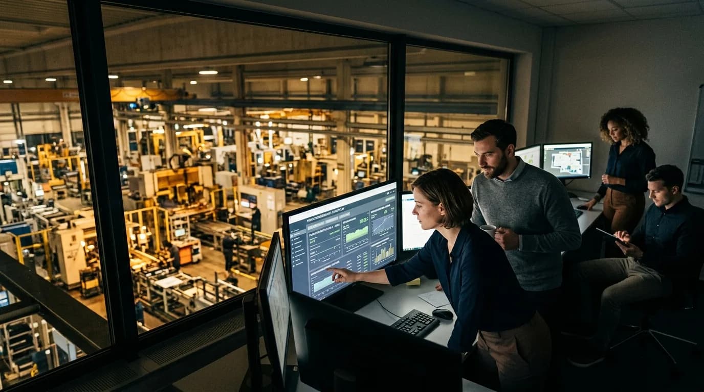 Produktionsleiter verfolgt Produktionskennzahlen an den Monitoren eines Leitstands mit Blick in die Fertigung