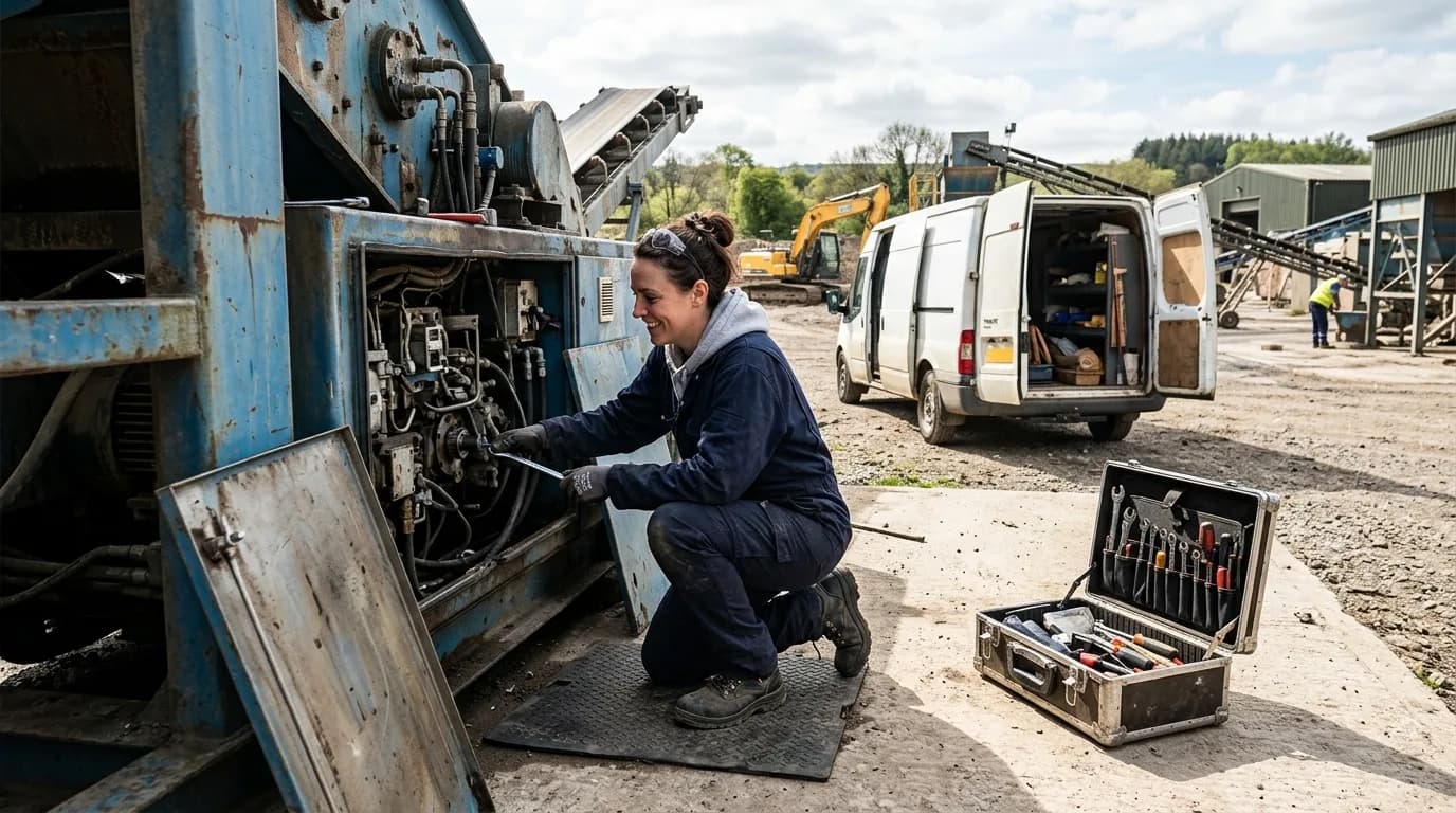 Servicetechniker repariert eine Maschine beim Kunden vor Ort mit geöffnetem Werkzeugkoffer
