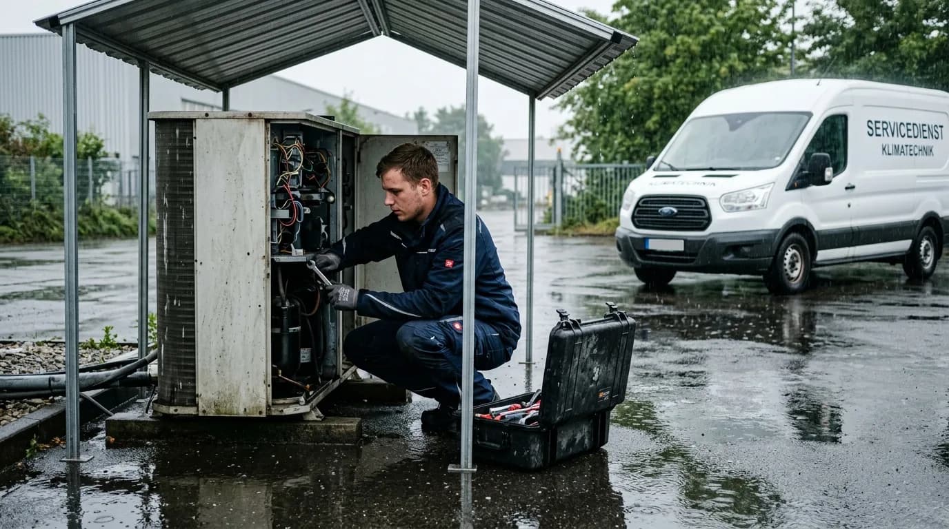 Servicetechniker repariert eine Maschine beim Kunden vor Ort mit geöffnetem Werkzeugkoffer
