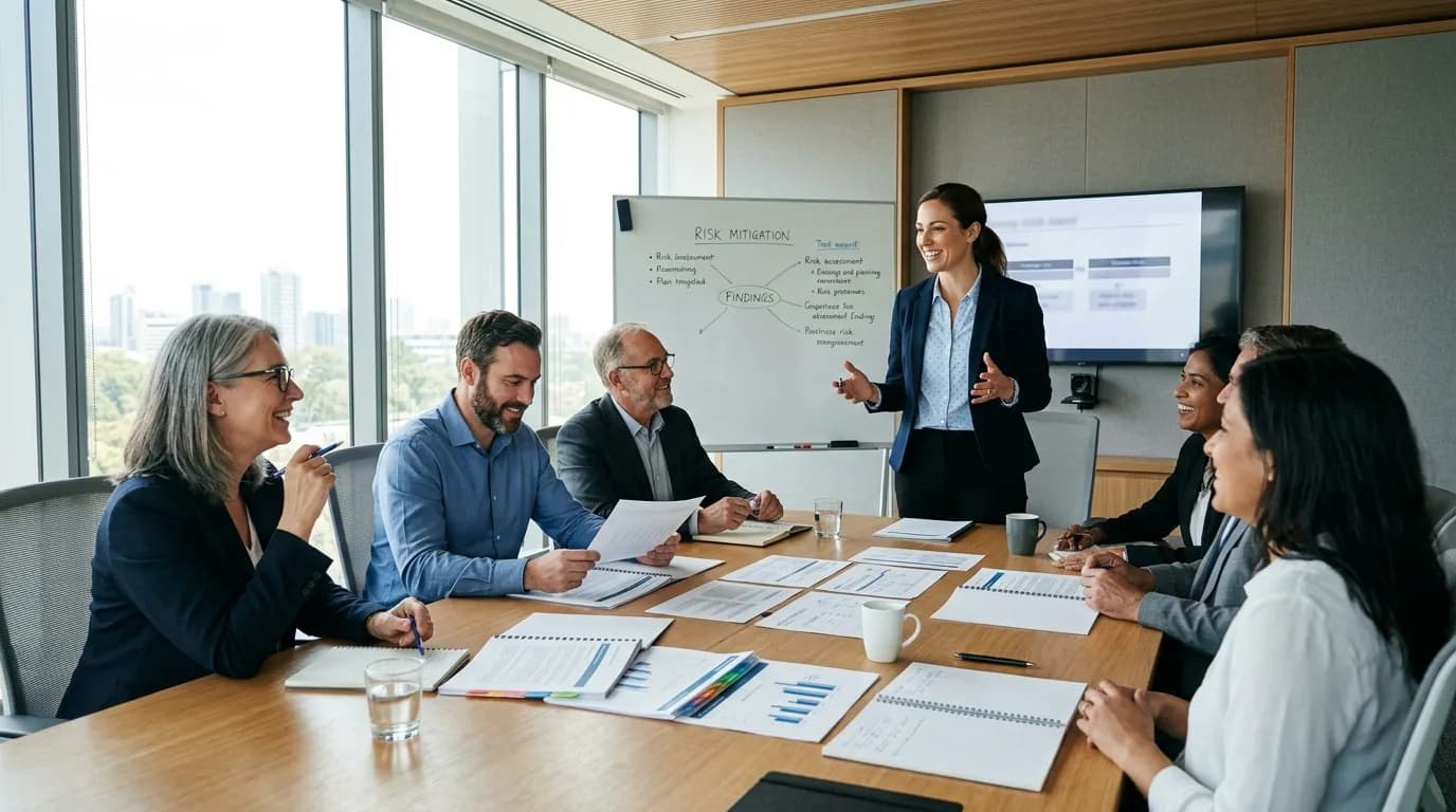 Compliance Manager stellt dem Führungsteam in einer Bürobesprechung die Ergebnisse einer Risikoanalyse vor
