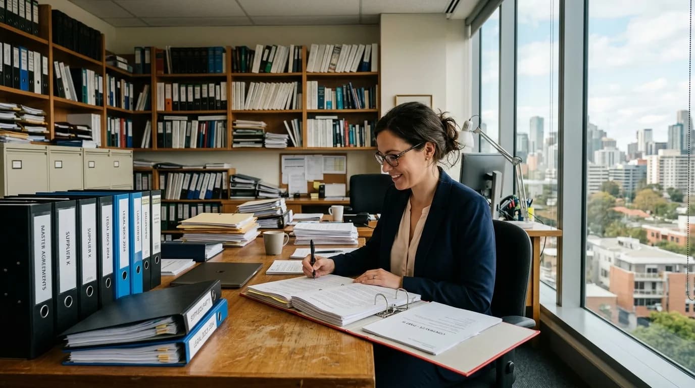 Legal Counsel arbeitet konzentriert Vertragsunterlagen und Aktenordner an einem Fensterarbeitsplatz durch