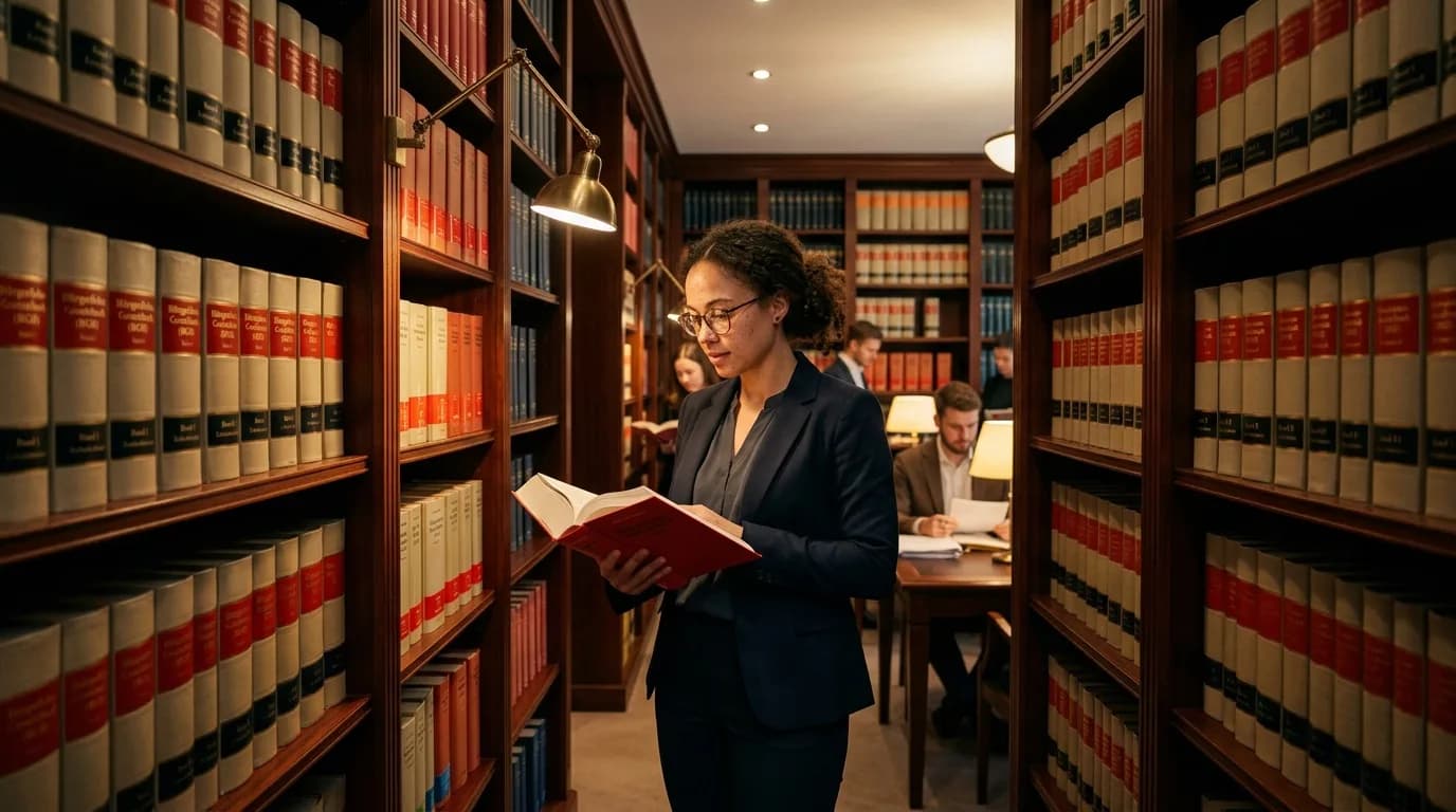 Legal Counsel arbeitet konzentriert Vertragsunterlagen und Aktenordner an einem Fensterarbeitsplatz durch