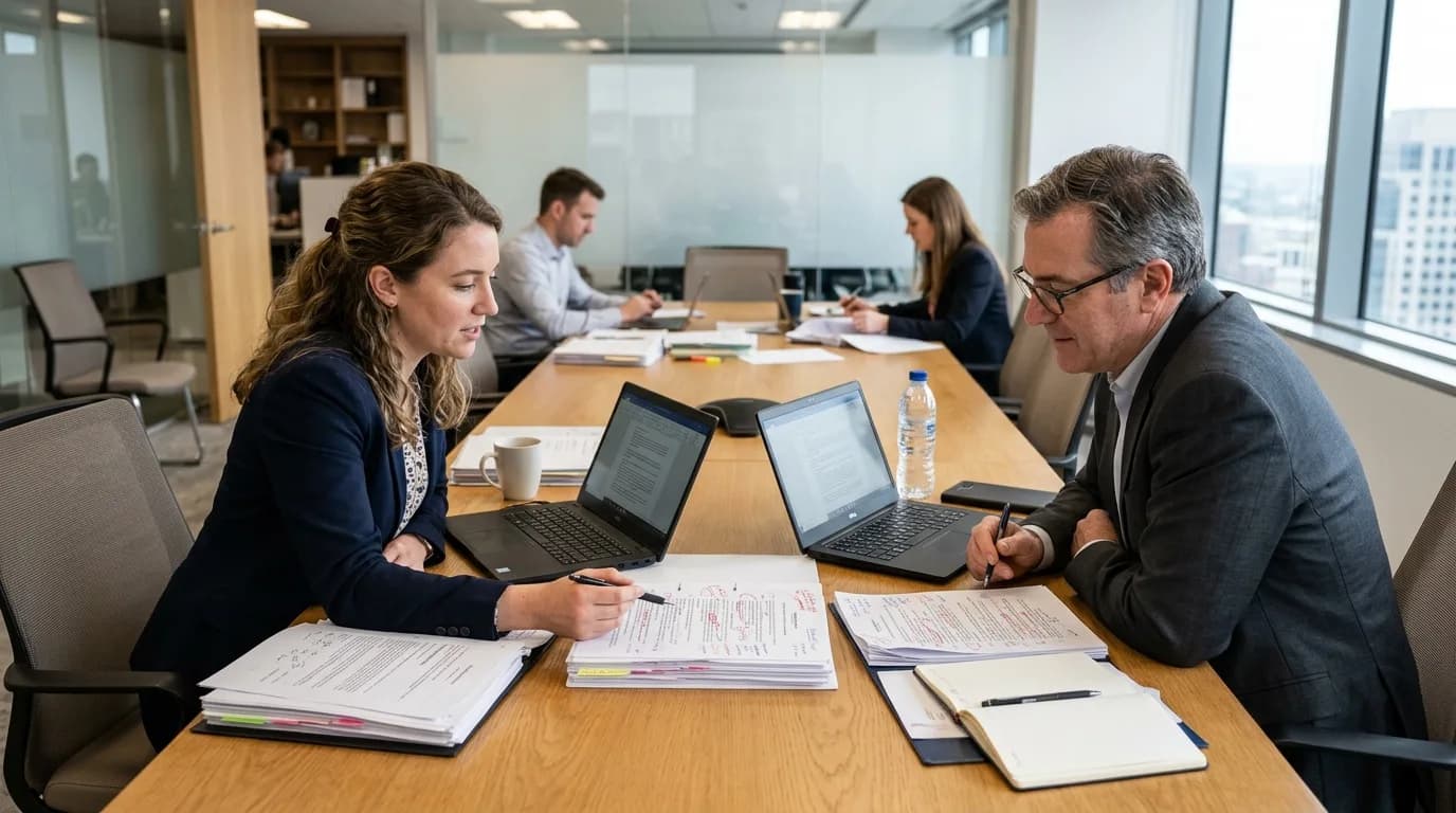Paralegal bespricht Vertragsentwürfe mit einer Juristin am Besprechungstisch einer Rechtsabteilung