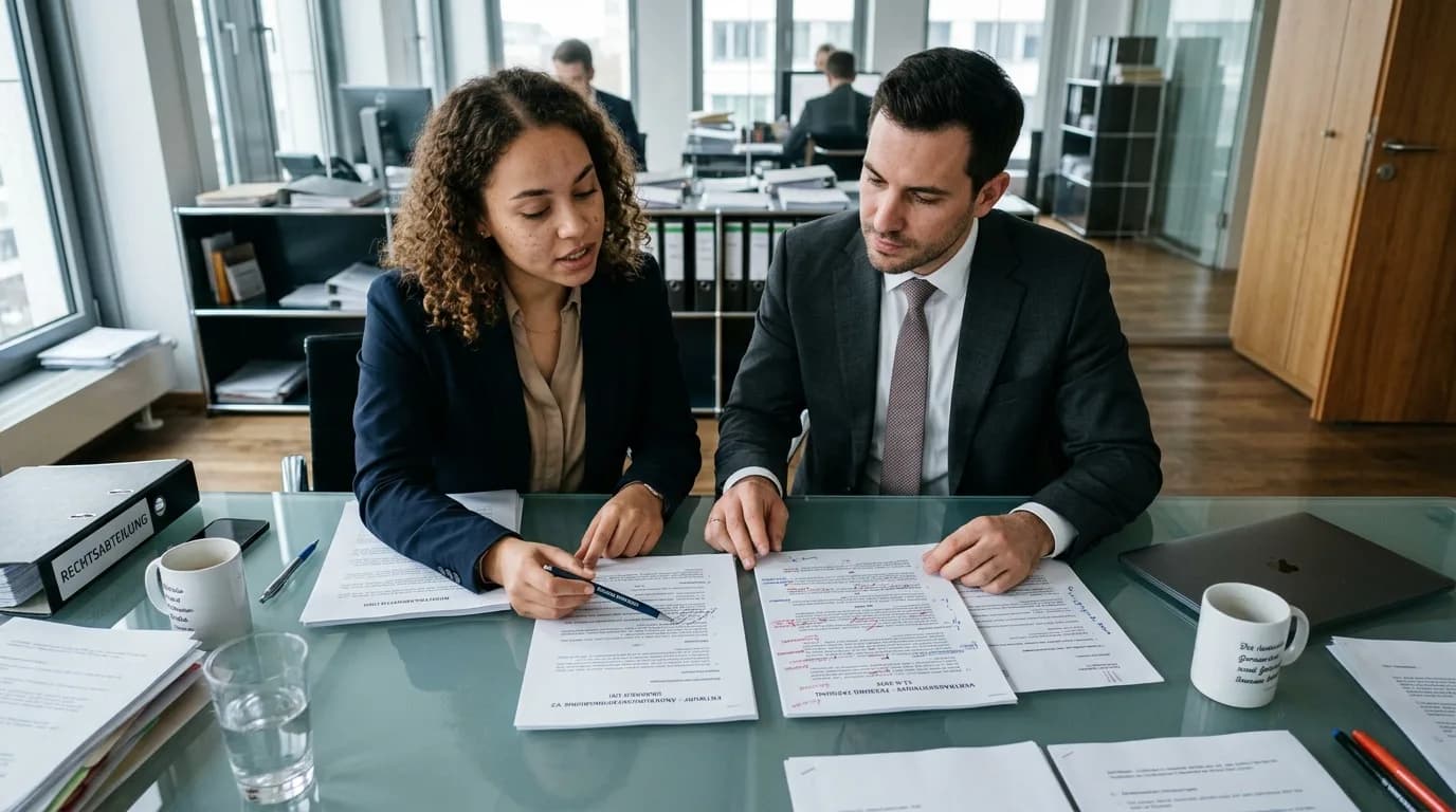Paralegal bespricht Vertragsentwürfe mit einer Juristin am Besprechungstisch einer Rechtsabteilung