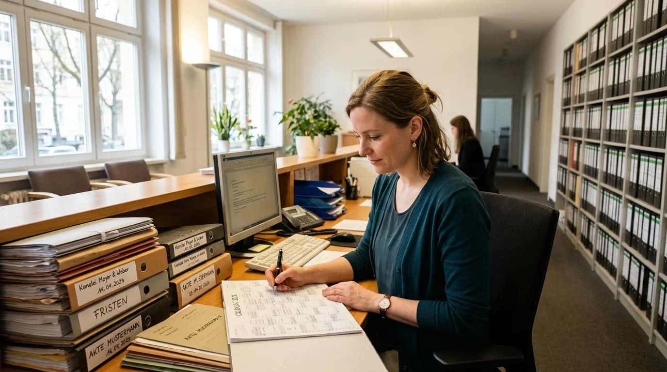 Rechtsanwaltsfachangestellte bearbeitet Fristen und Schriftsätze am Empfang einer Kanzlei