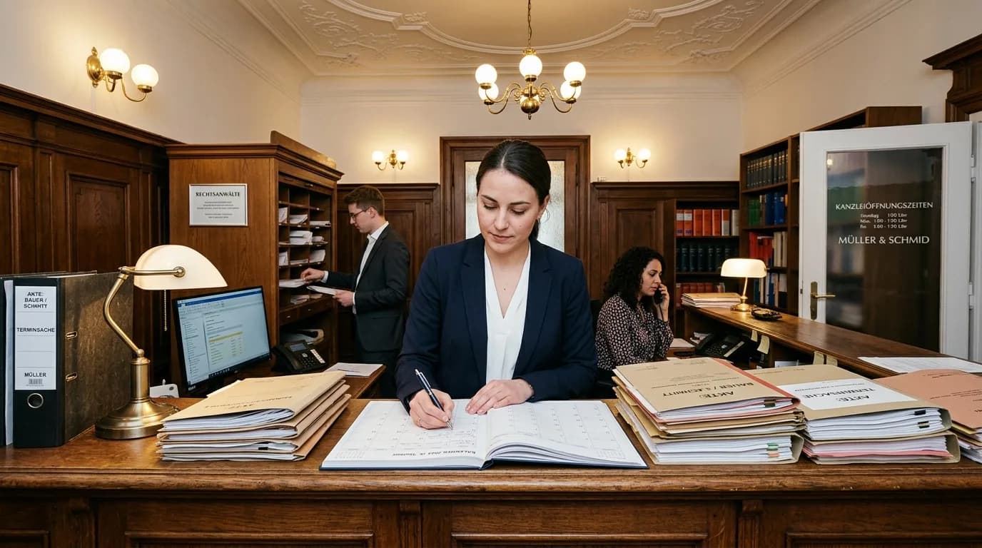 Rechtsanwaltsfachangestellte bearbeitet Fristen und Schriftsätze am Empfang einer Kanzlei