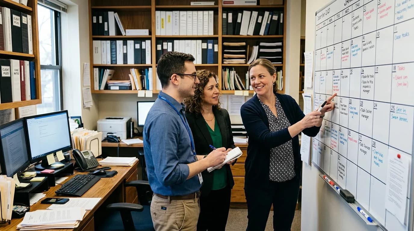 Rechtsfachwirt plant mit dem Kanzleiteam die Büroorganisation an einem Wandkalender im Backoffice
