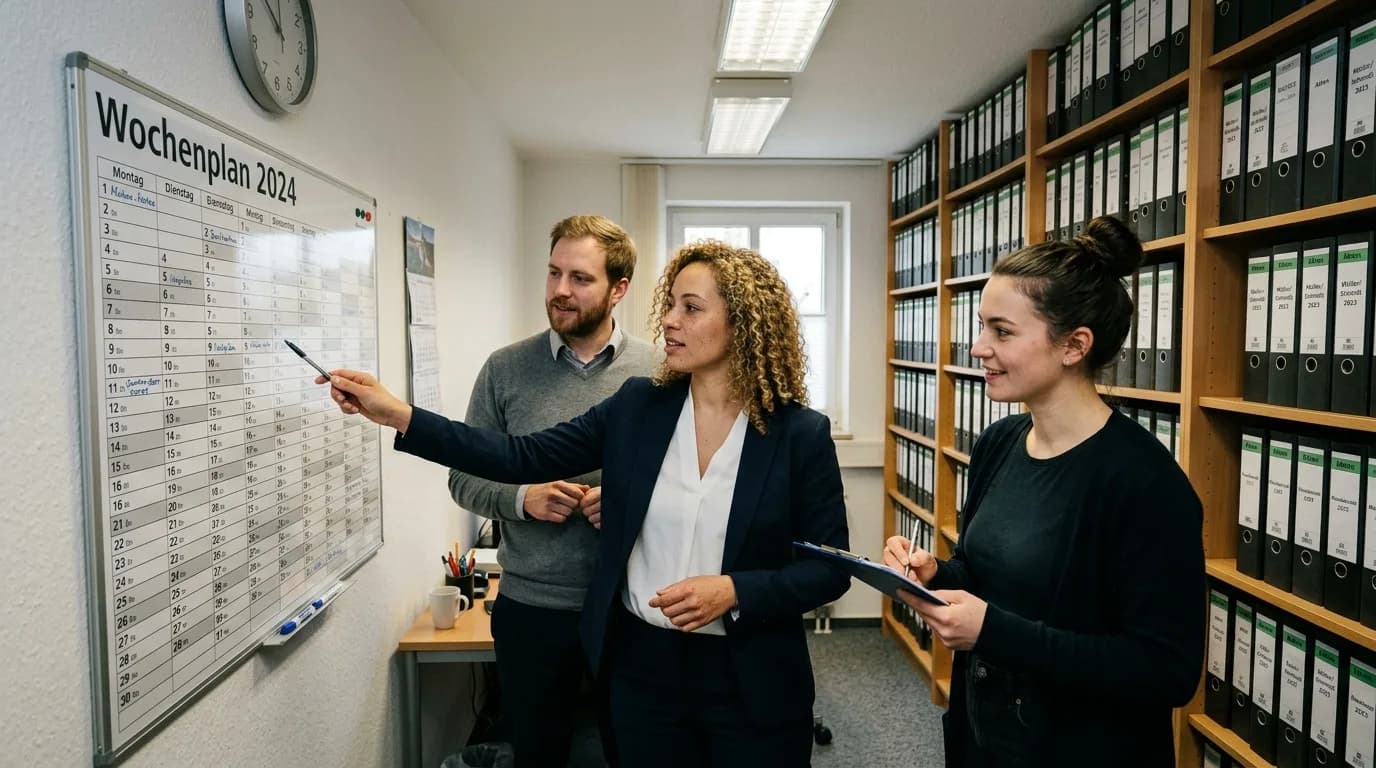 Rechtsfachwirt plant mit dem Kanzleiteam die Büroorganisation an einem Wandkalender im Backoffice