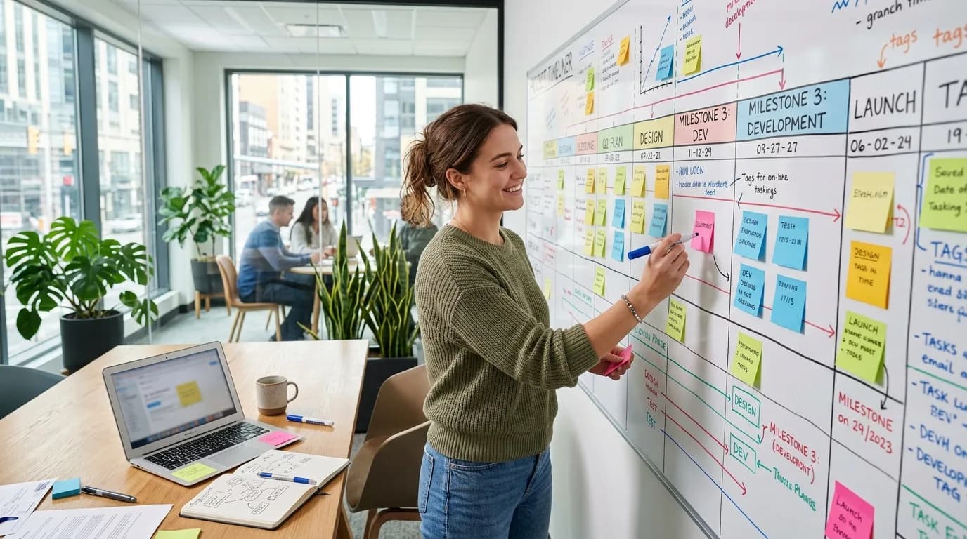 Projektassistentin aktualisiert einen Projektplan am Bildschirm, daneben Besprechungsnotizen und Bauunterlagen