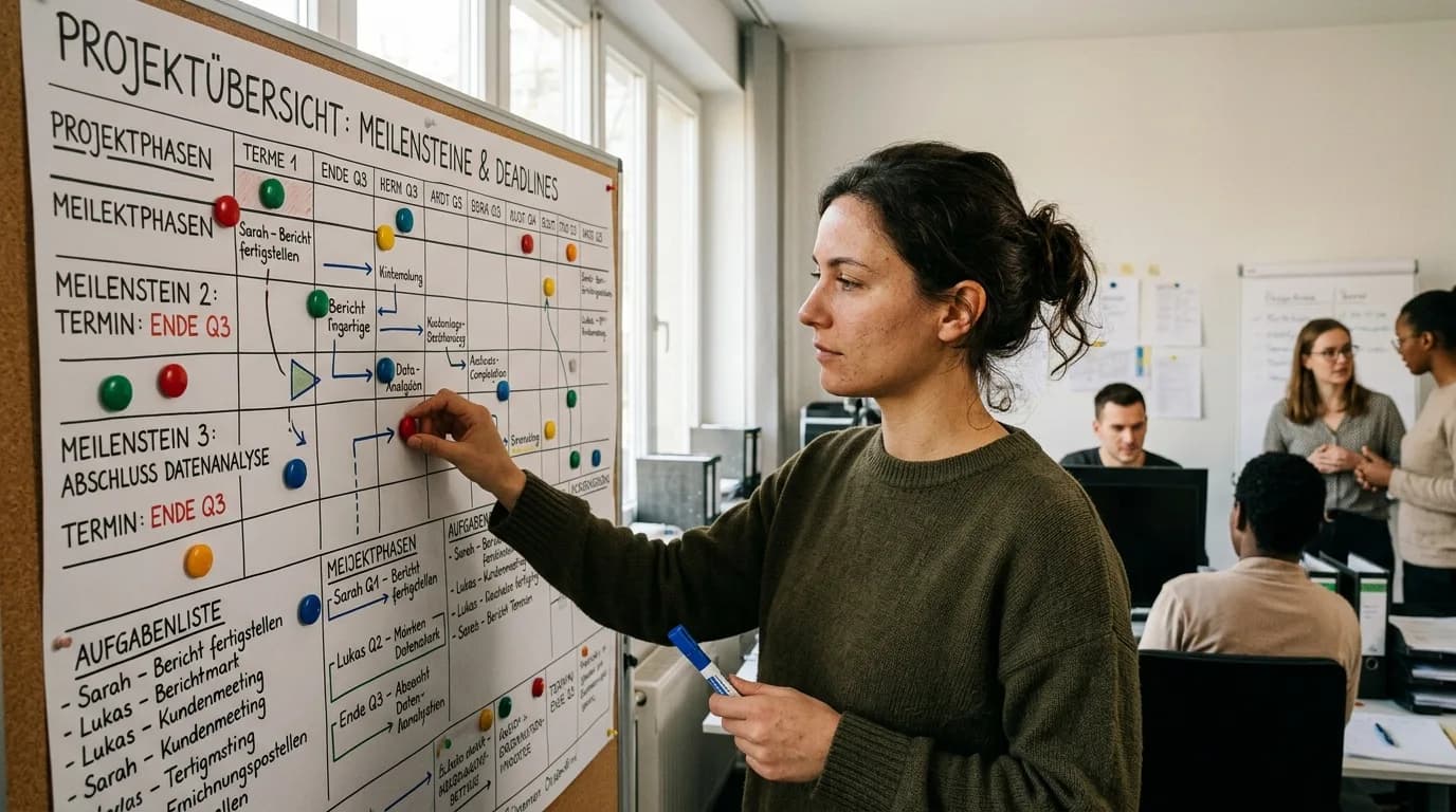 Projektassistentin aktualisiert einen Projektplan am Bildschirm, daneben Besprechungsnotizen und Bauunterlagen