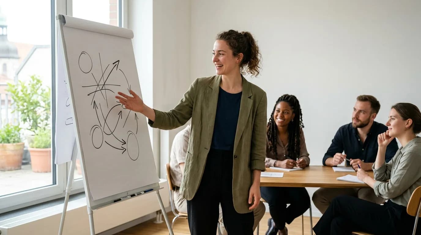 Junge Frau präsentiert engagiert an einem Flipchart mit einfachen Skizzen vor einer kleinen Gruppe