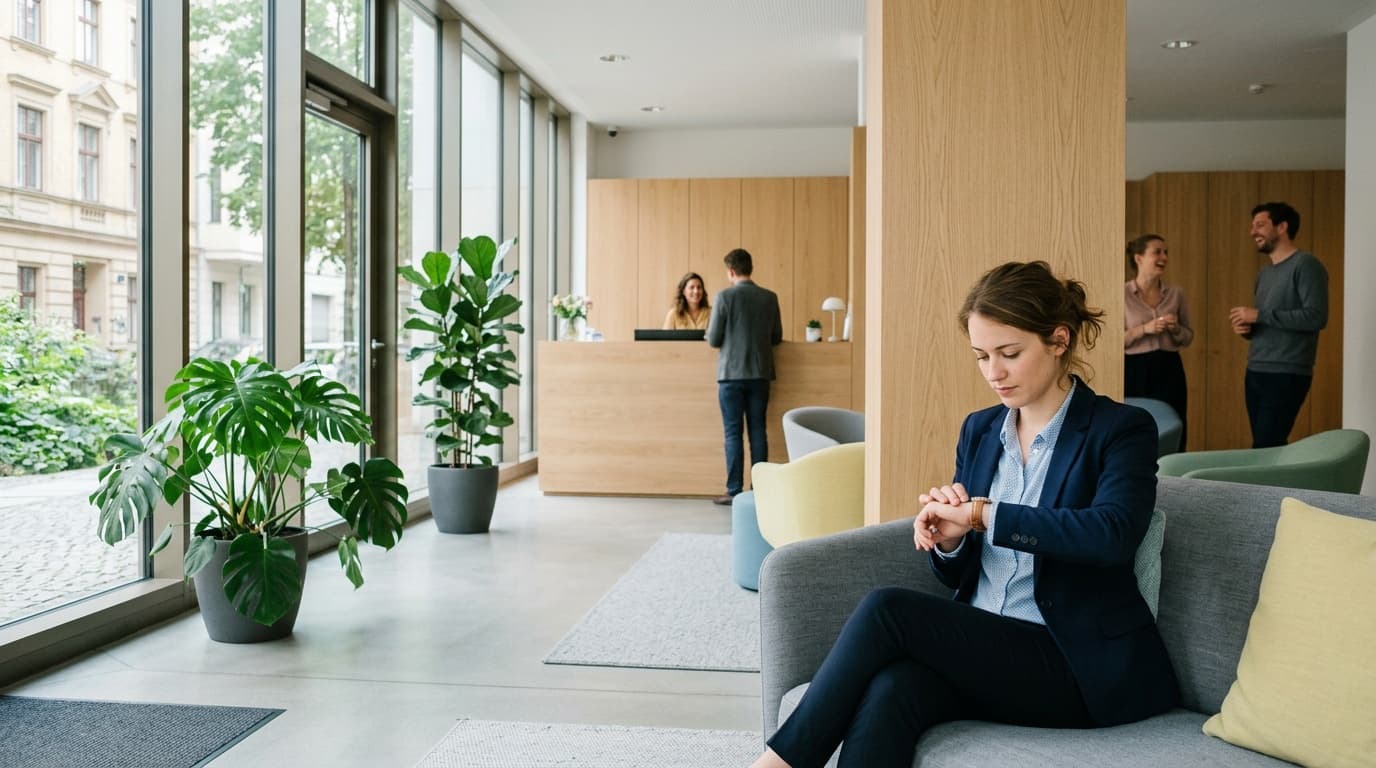 Bewerber wartet mit Smartphone in der Hand im Empfangsbereich eines Unternehmens auf sein Vorstellungsgespräch