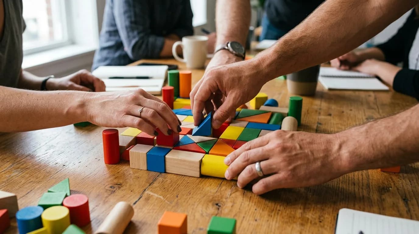 Hände ordnen bunte geometrische Holzklötze in der Nahaufnahme zu einem Muster.