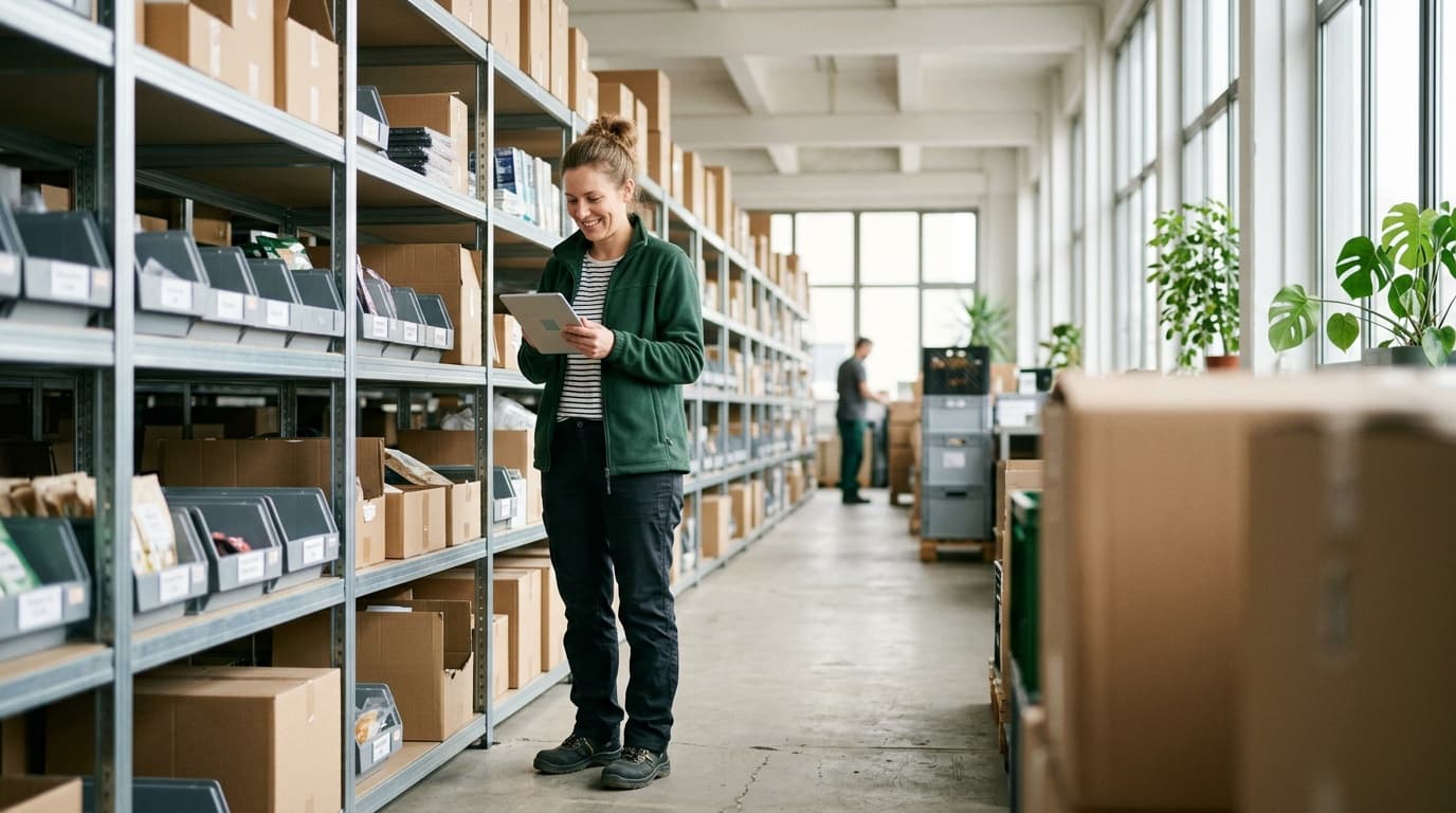 Logistikmitarbeiter mit Tablet zwischen Hochregalen in einem modernen Lager