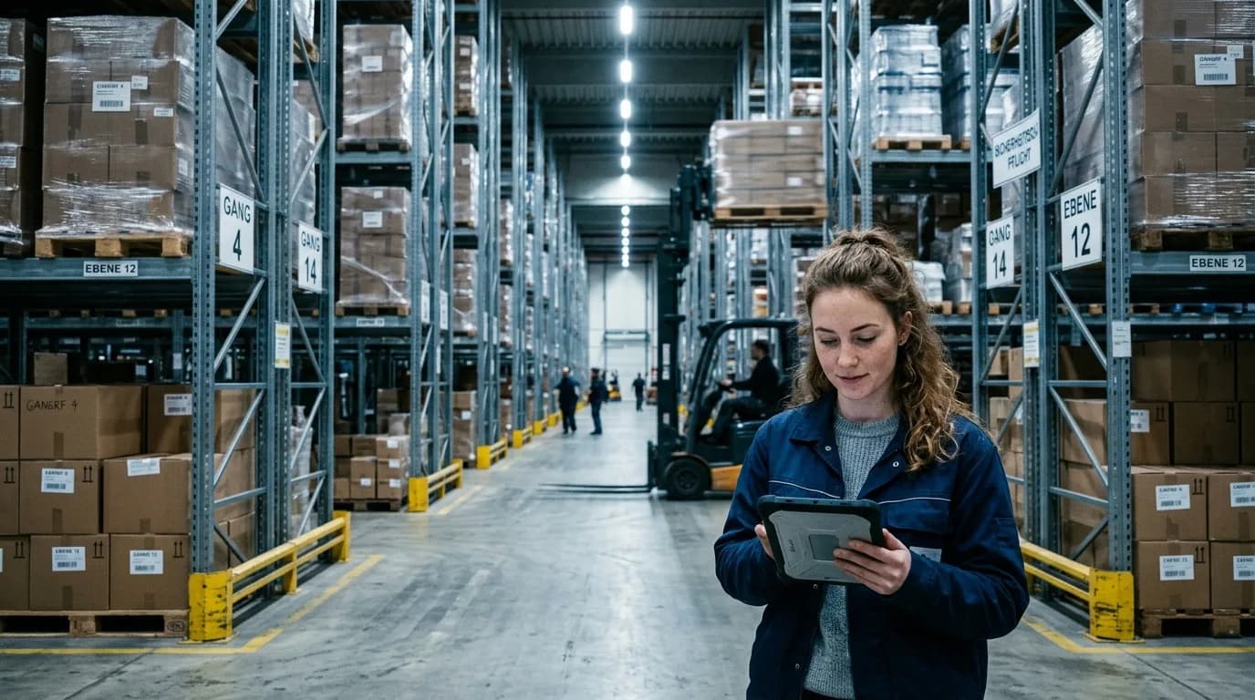 Logistikmitarbeiter mit Tablet zwischen Hochregalen in einem modernen Lager