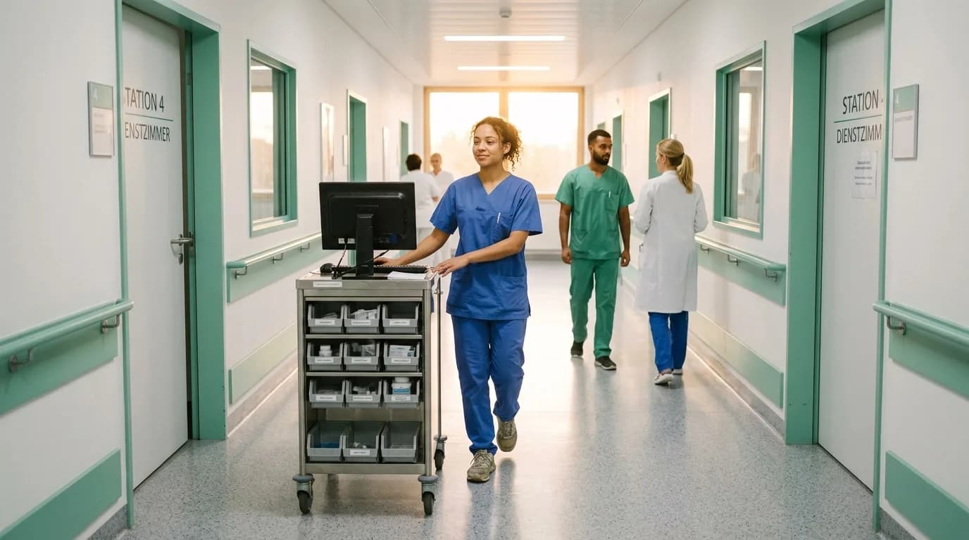 Pflegefachkraft im Gespräch mit einer älteren Patientin in einem freundlichen Zimmer
