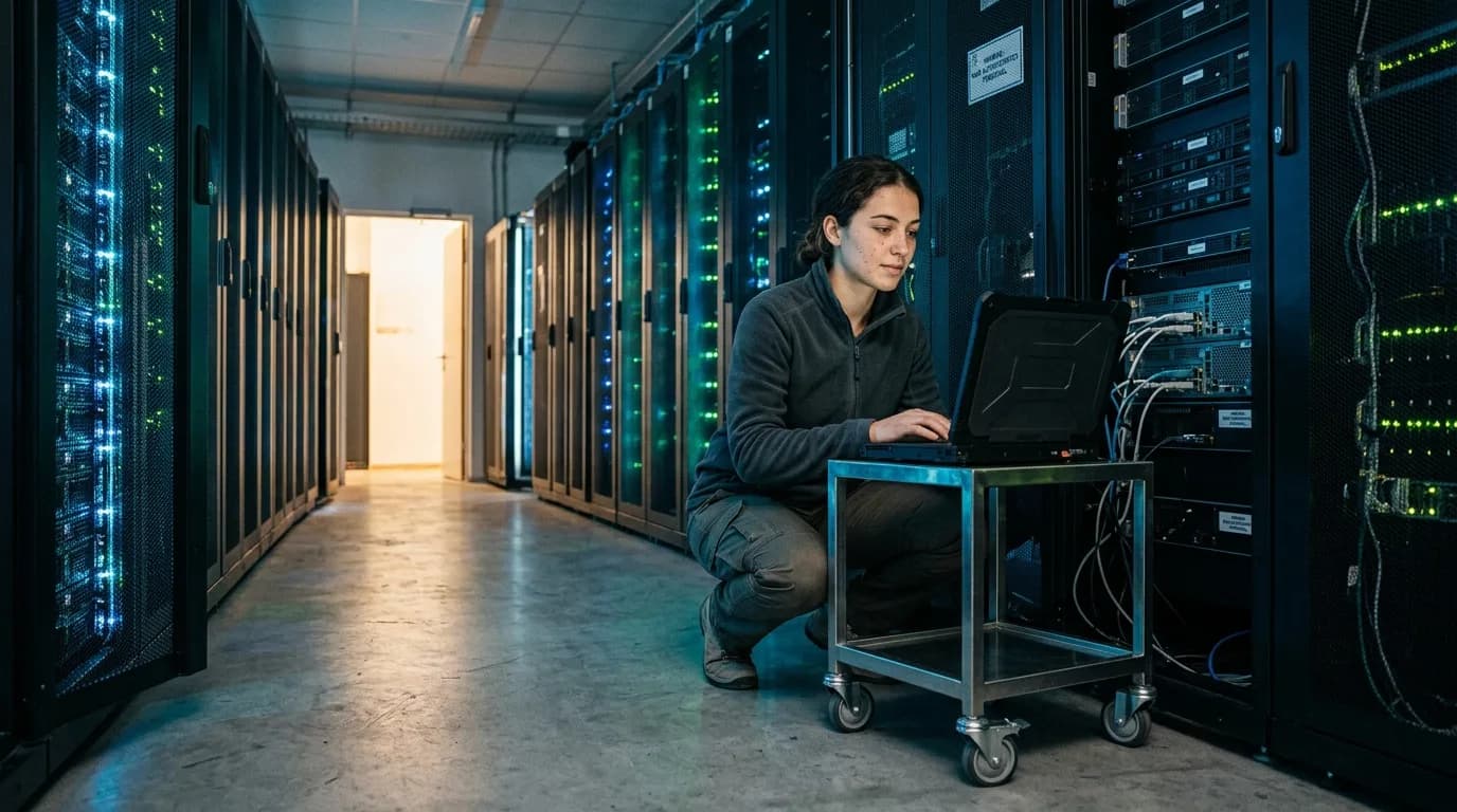 IT-Administrator arbeitet an einem Serverschrank mit Laptop in einem Rechenzentrum